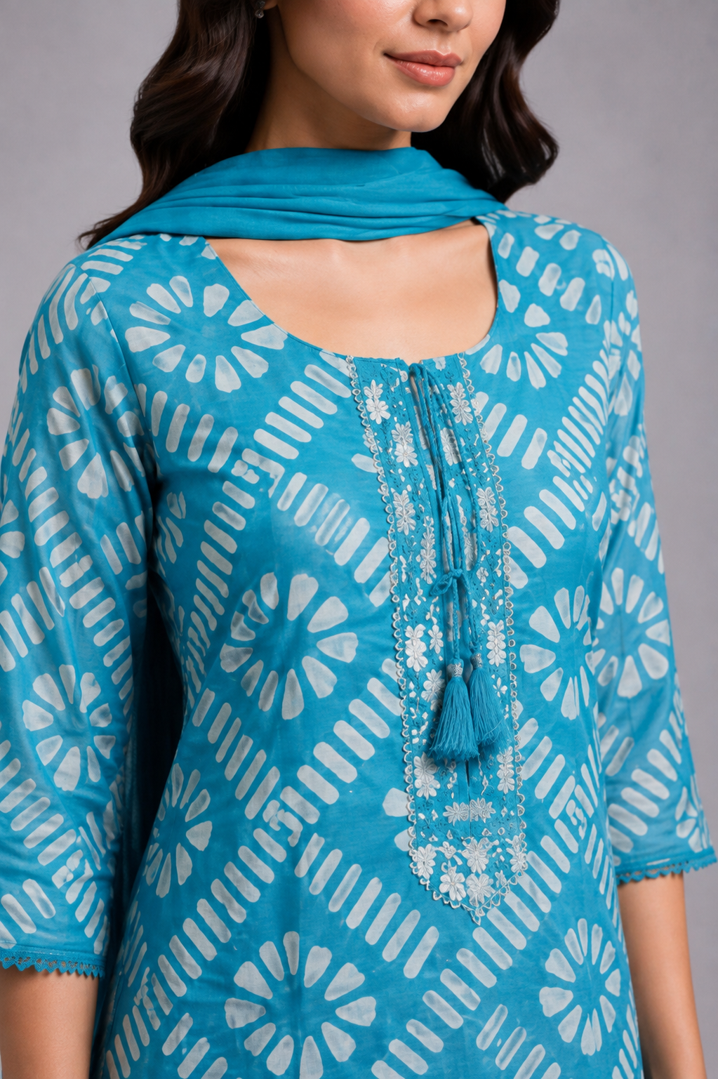 Sky Blue Printed Straight Kurta Pant Set with Dupatta