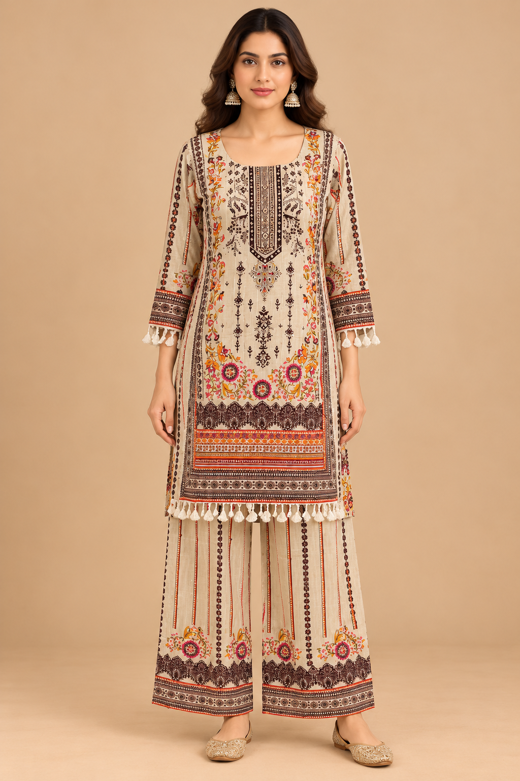 Beige Floral Printed Kurta Palazzo Set with Tassel Detailing