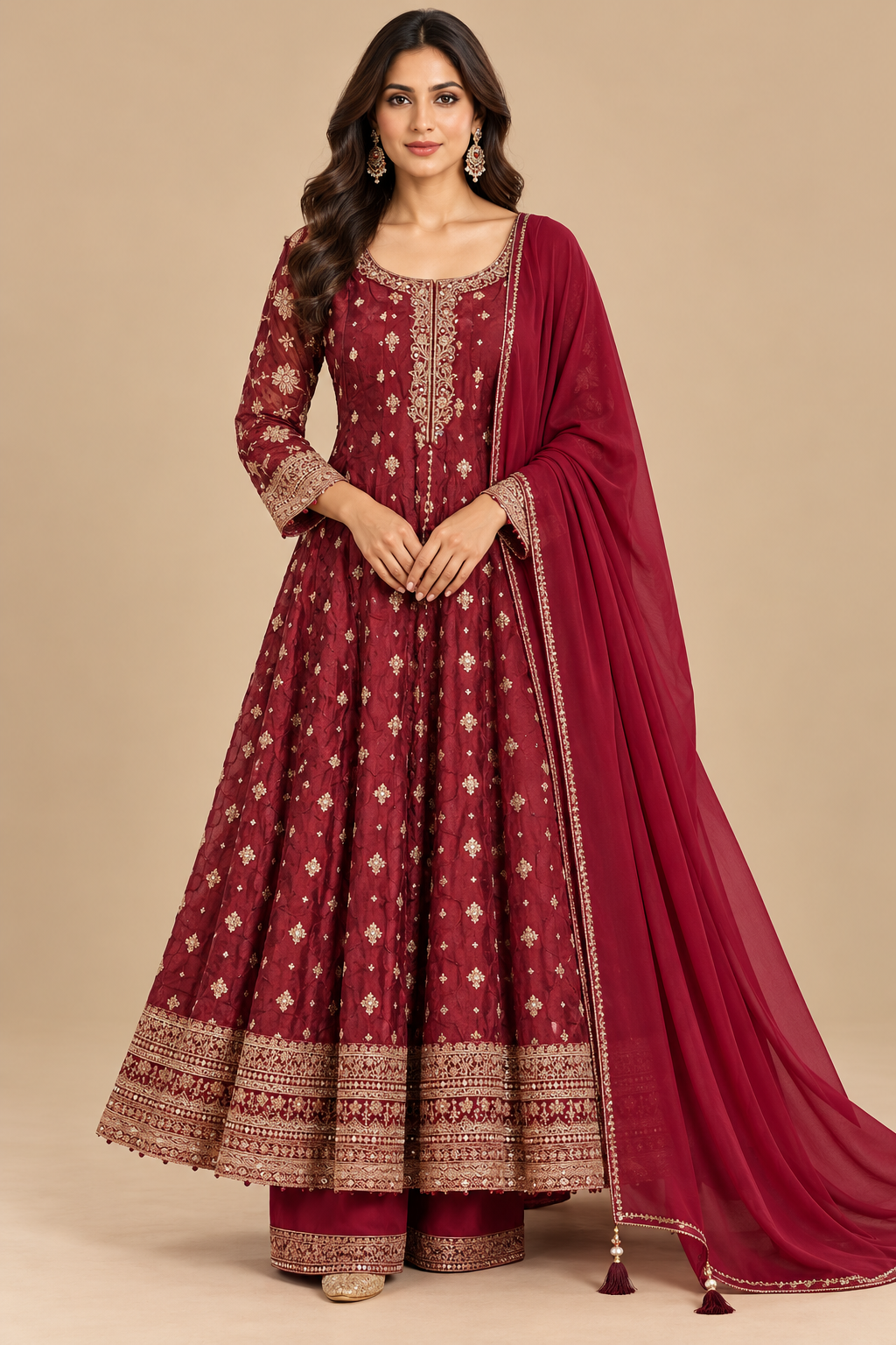 Maroon Embroidered Anarkali Suit Set with Dupatta