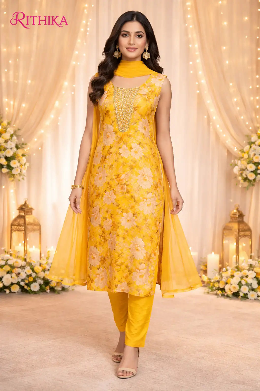 Sunshine Yellow Floral Kurta Set with Dupatta