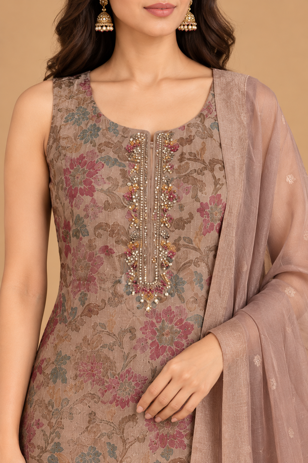 Taupe Beige Floral Printed Straight-Cut Kurta Set with Dupatta