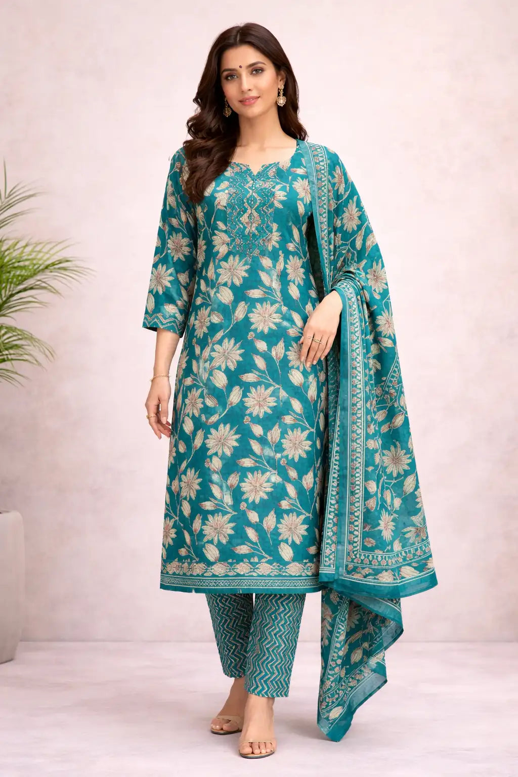 Teal Floral Printed Kurta Set with Dupatta
