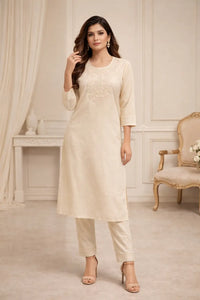 Women's Linen Cotton Embroidered Kurta Pant Set