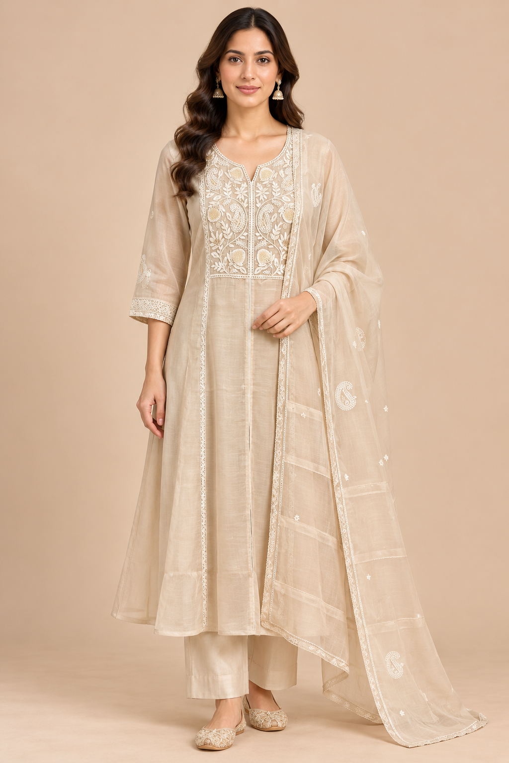 Beige Embroidered Anarkali Kurta Pant Set with Matching Dupatta