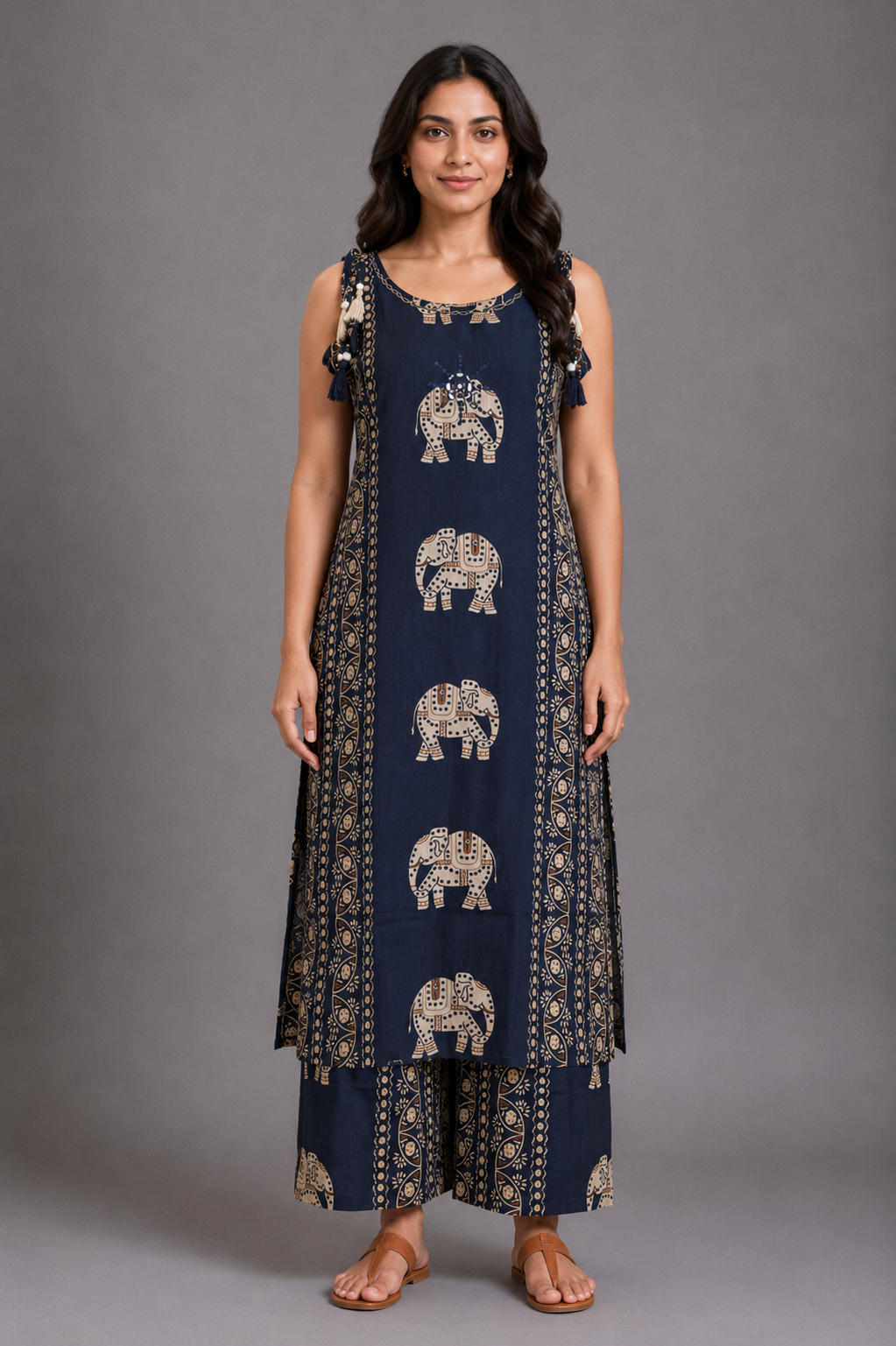 Navy Blue Elephant Print Kurta Palazzo Set with Tassel Detailing