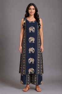 Navy Blue Elephant Print Kurta Palazzo Set with Tassel Detailing