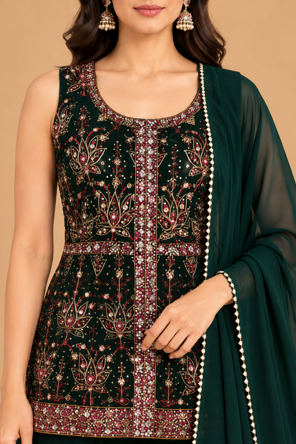Emerald Green Embroidered Kurta Set with Flared Palazzo and Dupatta