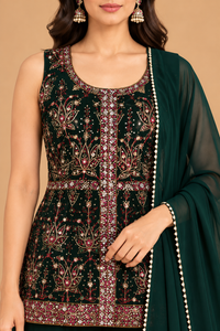 Emerald Green Embroidered Kurta Set with Flared Palazzo and Dupatta