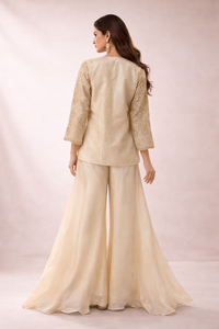Beige Tissue Co-ord Set with Embroidered Crop Top & Short Jacket