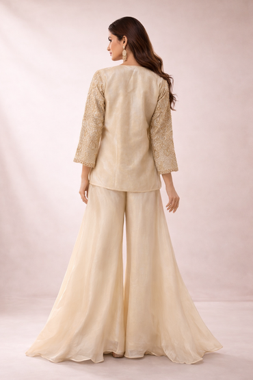 Beige Tissue Co-ord Set with Embroidered Crop Top & Short Jacket