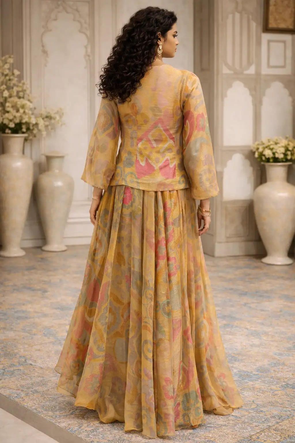 Mustard Silk Embroidered Anarkali Gown with Printed Jacket
