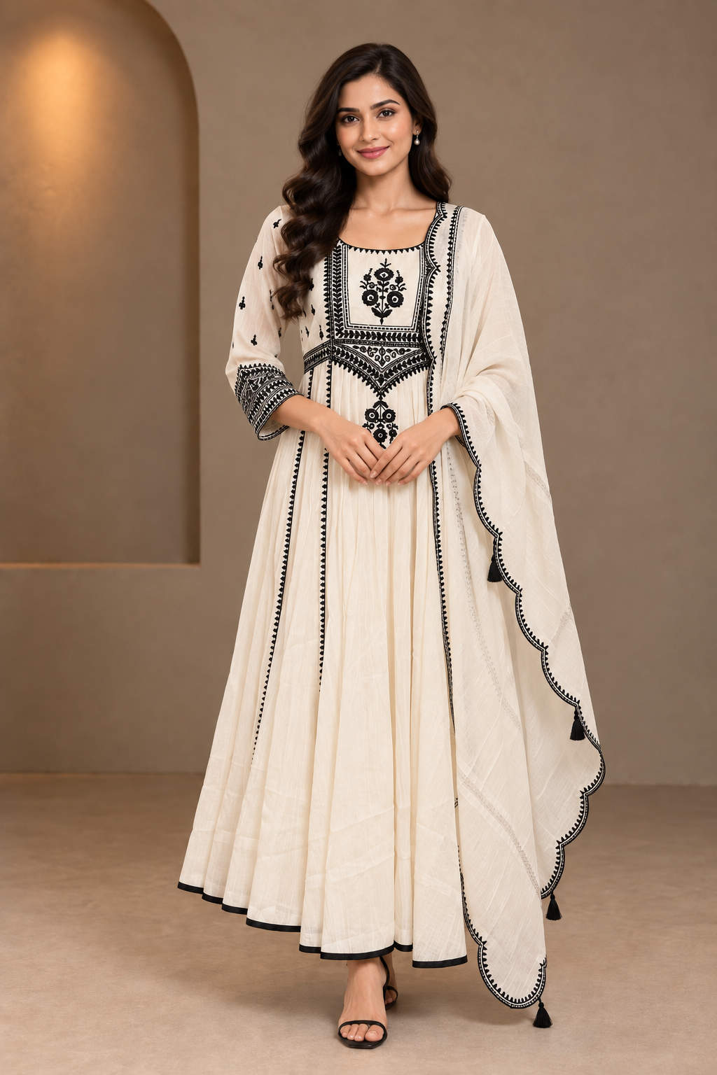 Ivory Mul Chanderi Embroidered Anarkali Set