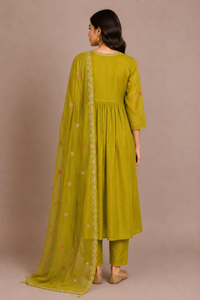 Mehendi Green Silk Embroidered Straight-Cut Suit Set