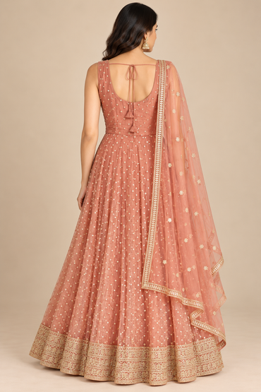 Peach Gold Embroidered Anarkali Lehenga Set with Dupatta