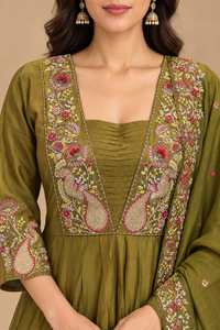 Olive Green Mul Chanderi Embroidered Anarkali Suit Set
