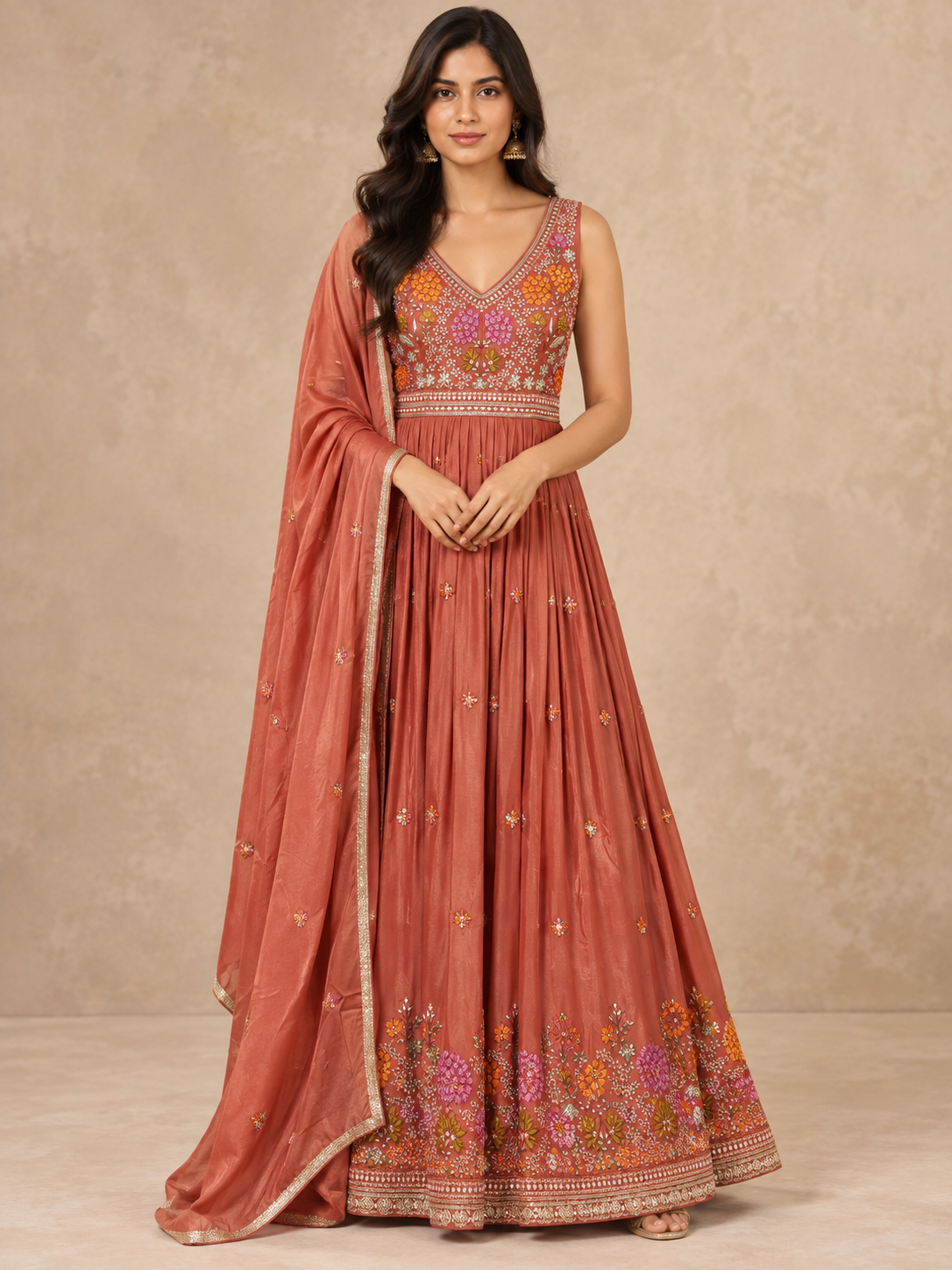 Terracotta Embroidered Silk Anarkali Set