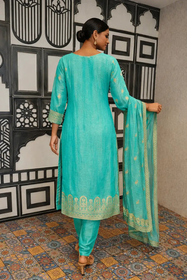Turquoise Embroidered Kurta Set with Dupatta