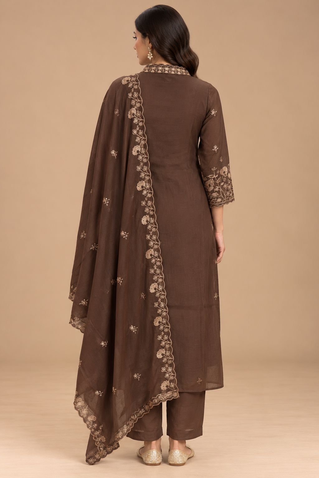 Chocolate Brown Floral Embroidered Kurta Set with Dupatta
