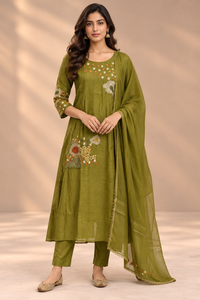 Olive Green Mul Chanderi Straight Cut Suit Set