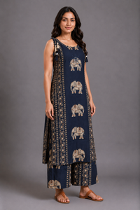 Navy Blue Elephant Print Kurta Palazzo Set with Tassel Detailing