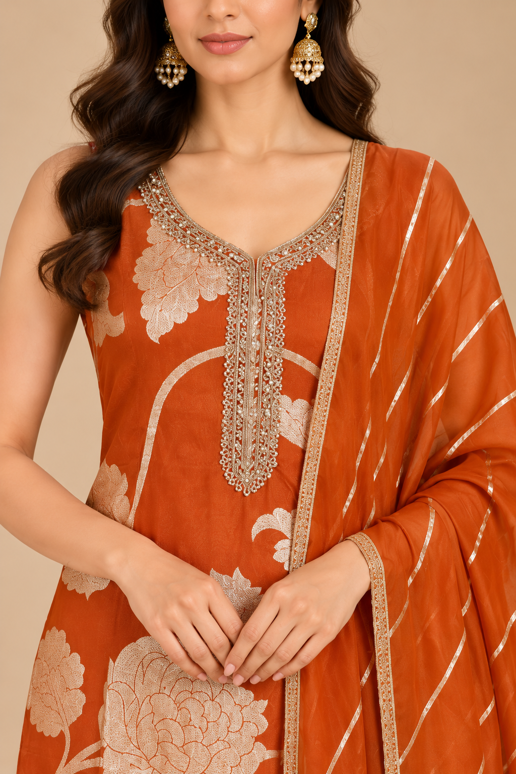 Rust Orange Floral Printed Kurta Pant Set with Striped Dupatta