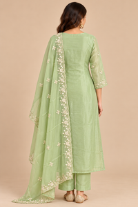 Sage Green Embroidered Anarkali Kurta Pant Set with Floral Dupatta