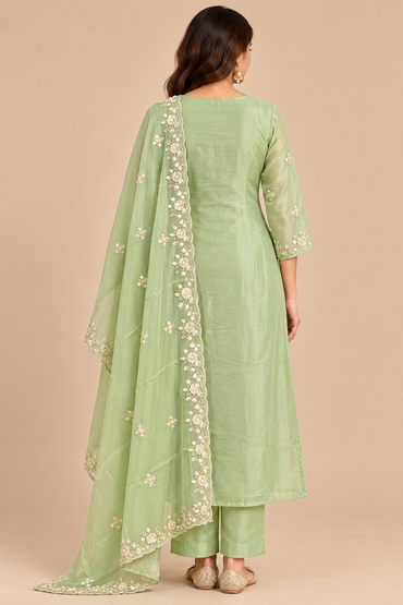Sage Green Embroidered Anarkali Kurta Pant Set with Floral Dupatta