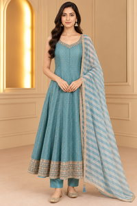 Teal Blue Embroidered Anarkali Kurta Set with Striped Dupatta