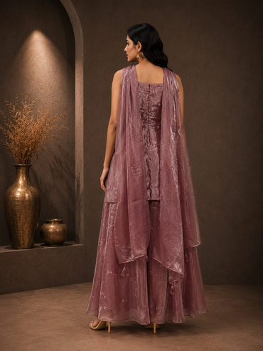 Mauve Glass Tissue Embroidered Sharara Set with Dupatta