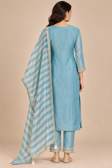 Sky Blue Embroidered Designer Kurta Set with Striped Dupatta
