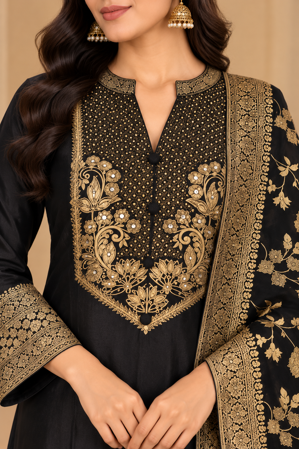 Black & Gold Embroidered Kurta Set with Printed Dupatta