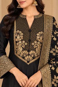 Black & Gold Embroidered Kurta Set with Printed Dupatta