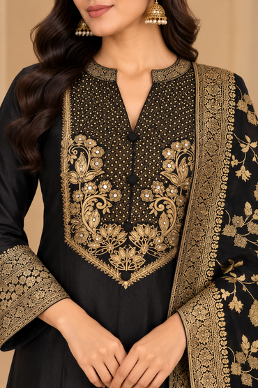 Black & Gold Embroidered Kurta Set with Printed Dupatta