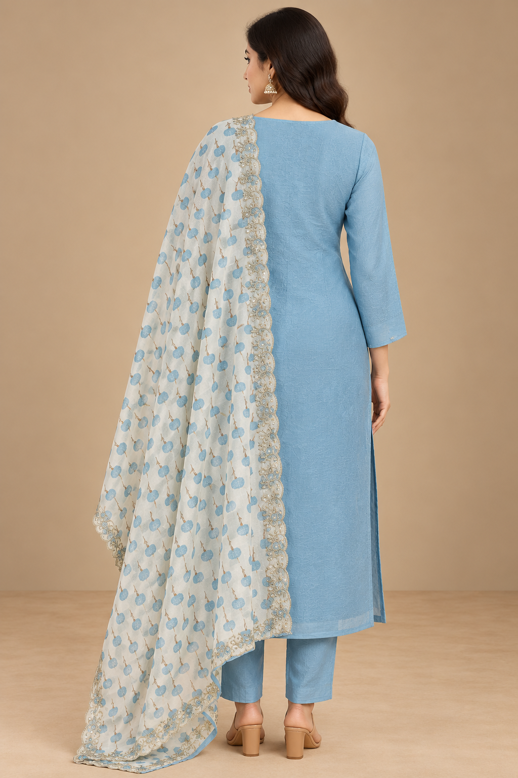 Sky Blue Embroidered Kurta Set with Printed Dupatta