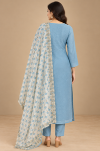 Sky Blue Embroidered Kurta Set with Printed Dupatta