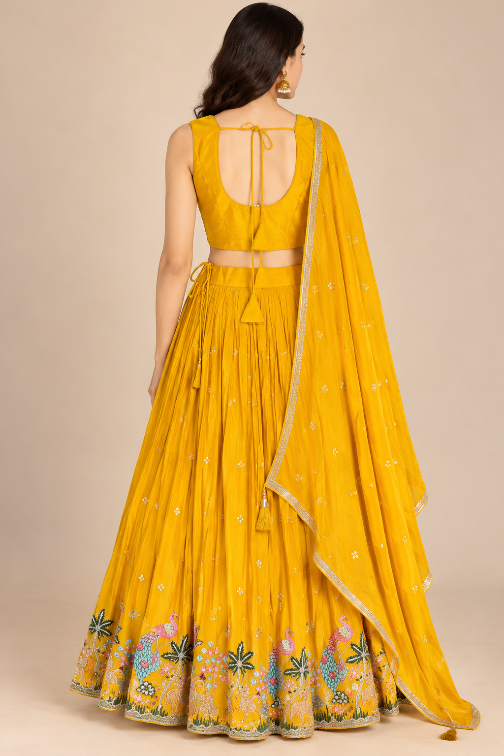 Mustard Yellow Lehenga Choli with Colorful Peacock Embroidery and Dupatta