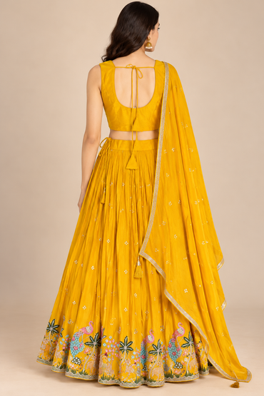 Mustard Yellow Lehenga Choli with Colorful Peacock Embroidery and Dupatta