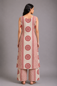 Beige and pink Printed Kurta Palazzo Set with Tassel Detailing