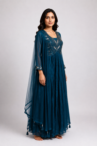Teal Blue Embroidered Anarkali Suit with Dupatta