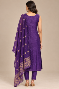 Purple Embroidered Straight Kurta Pant Set with Dupatta