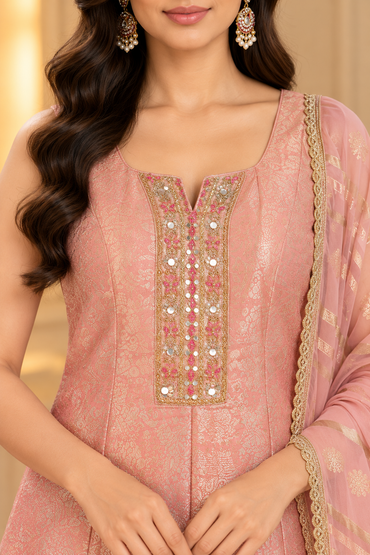 Peach Pink Embroidered Anarkali Kurta Set with Dupatta