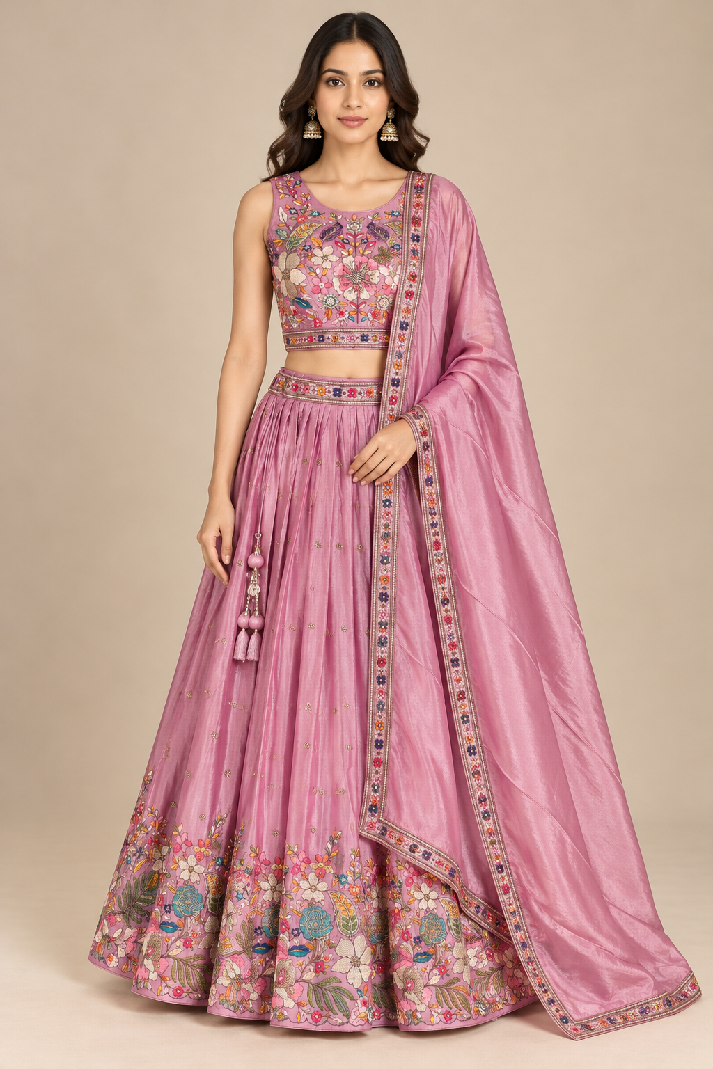 Dusty plum Pink Floral Embroidered Lehenga Choli with Dupatta