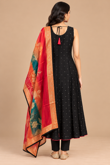 Black Anarkali Kurta Pant Set with Multicolour Printed Dupatta