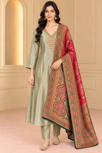 Sage Green Embroidered Kurta Set with Printed Dupatta