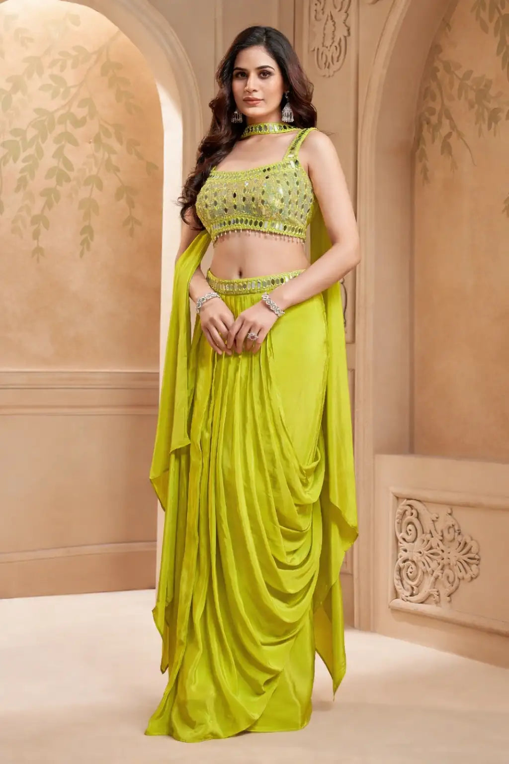 Lime Green Silk Dhoti Style Lehenga Choli Set with Dupatta