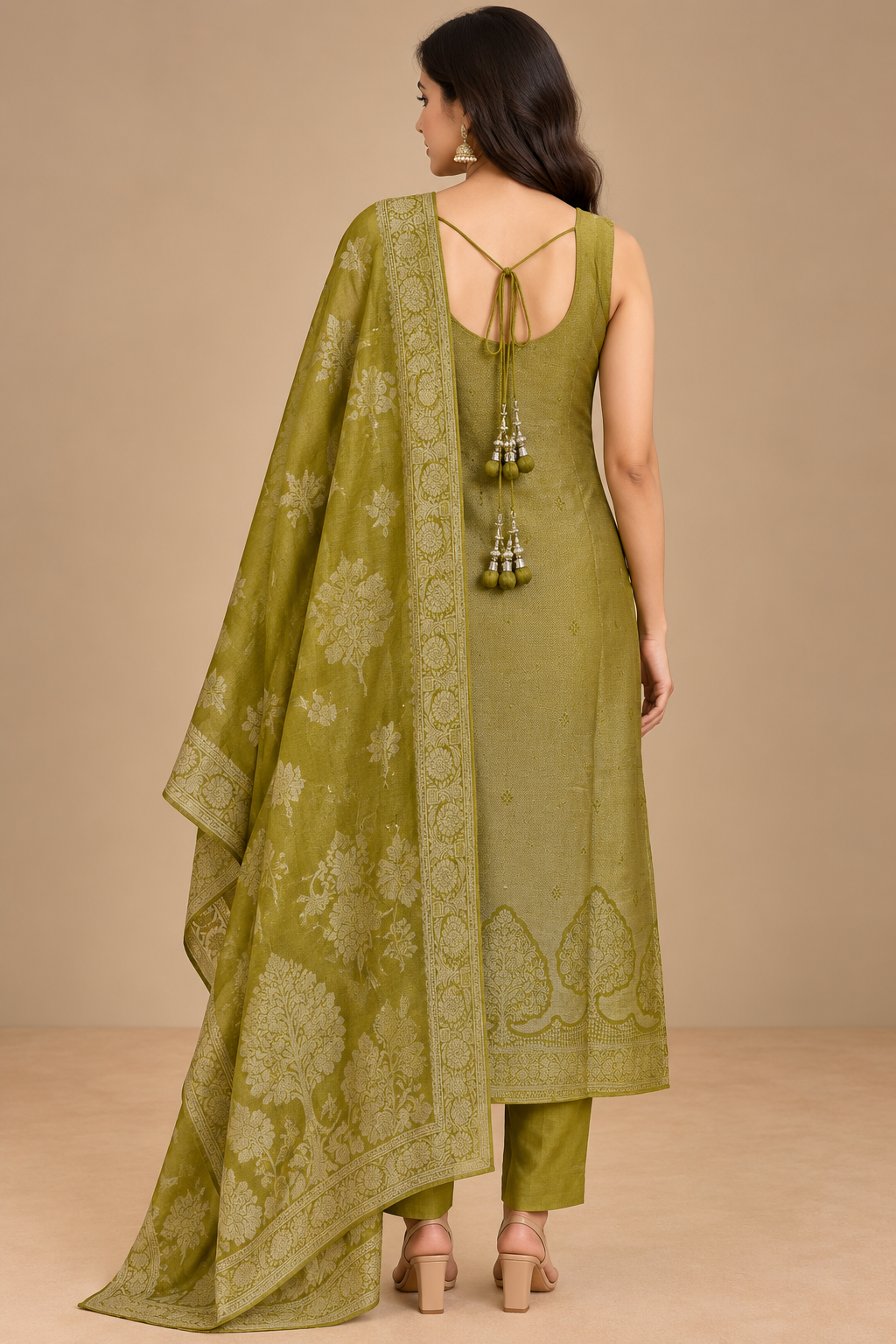 Olive Green Embroidered Kurta Set with Floral Dupatta