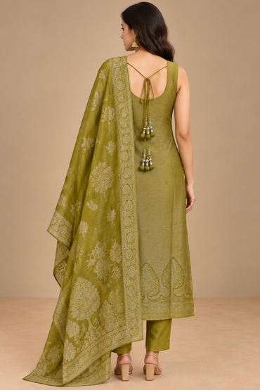 Olive Green Embroidered Kurta Set with Floral Dupatta