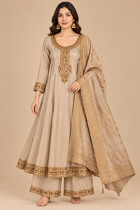 Beige Gold Embroidered Anarkali Suit Set with Dupatta for Women