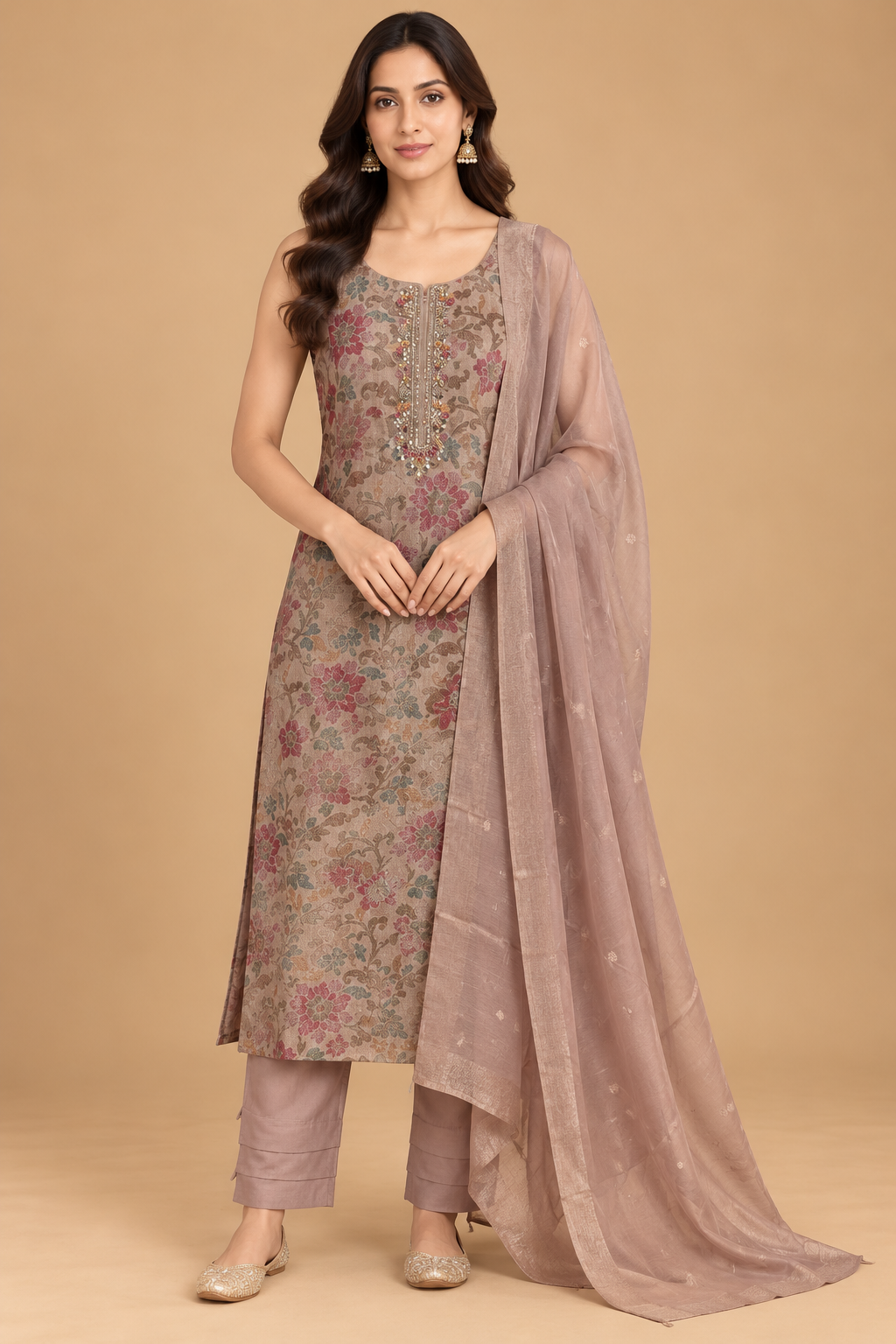 Taupe Beige Floral Printed Straight-Cut Kurta Set with Dupatta