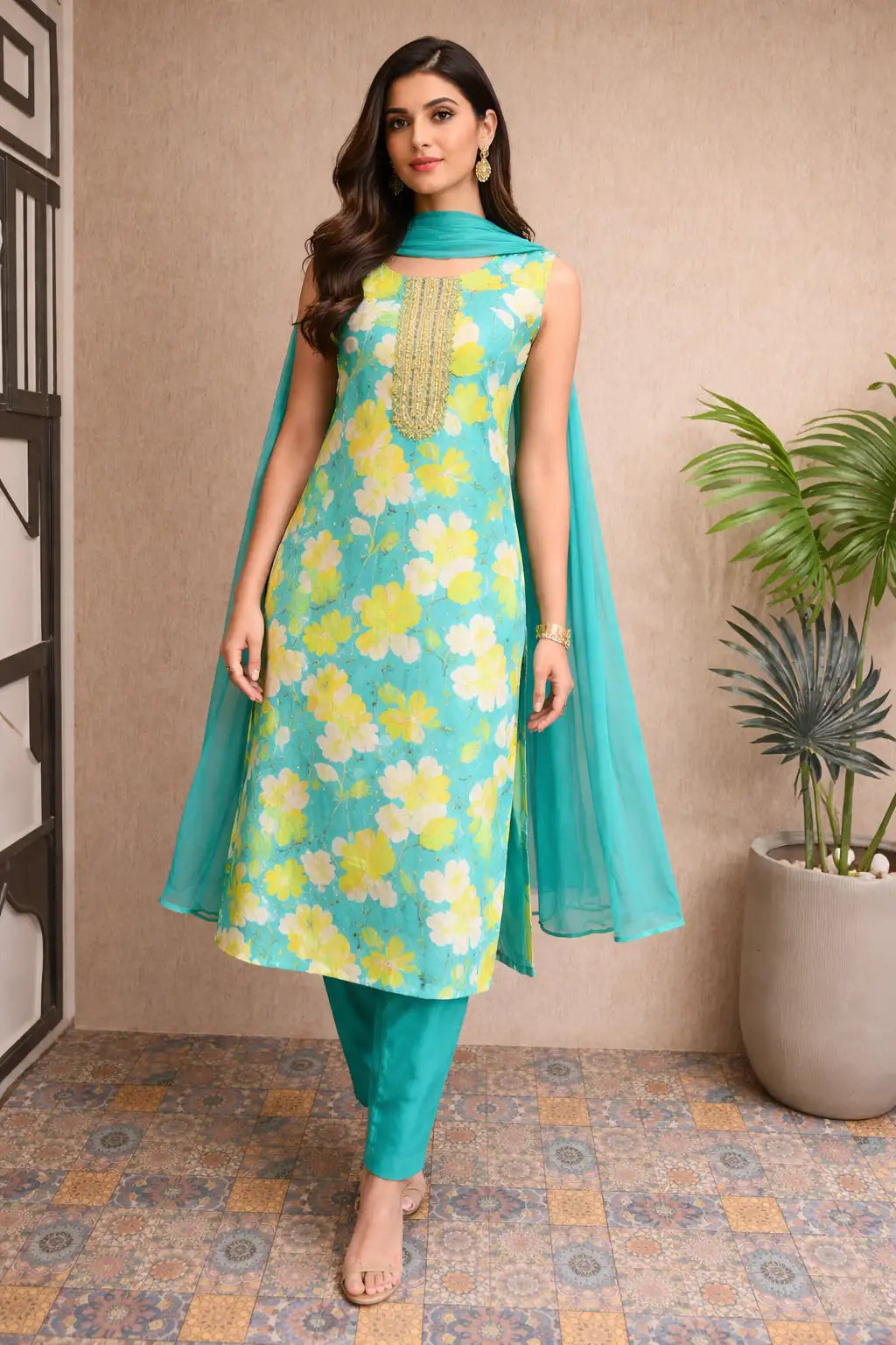 Turquoise Floral Printed Kurta Set with Dupatta